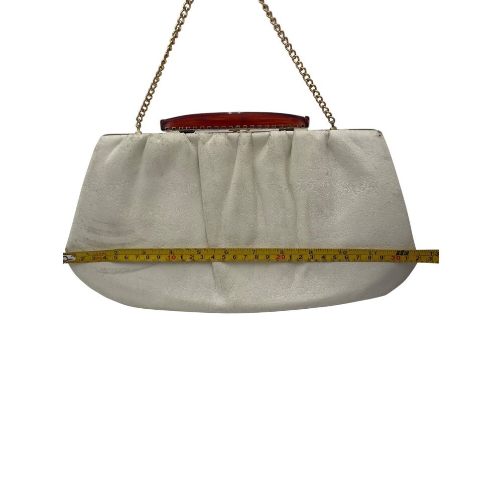 Vintage White Leather Clutch Purse Brown Lucite Handle & Gold Chain